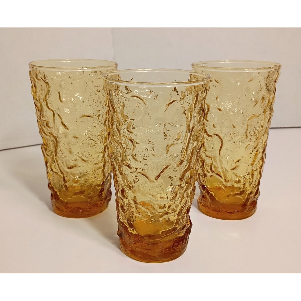 Vintage Anchor Hocking Amber Honey Gold Lido Milano Glasses Crinkle Lot of 3